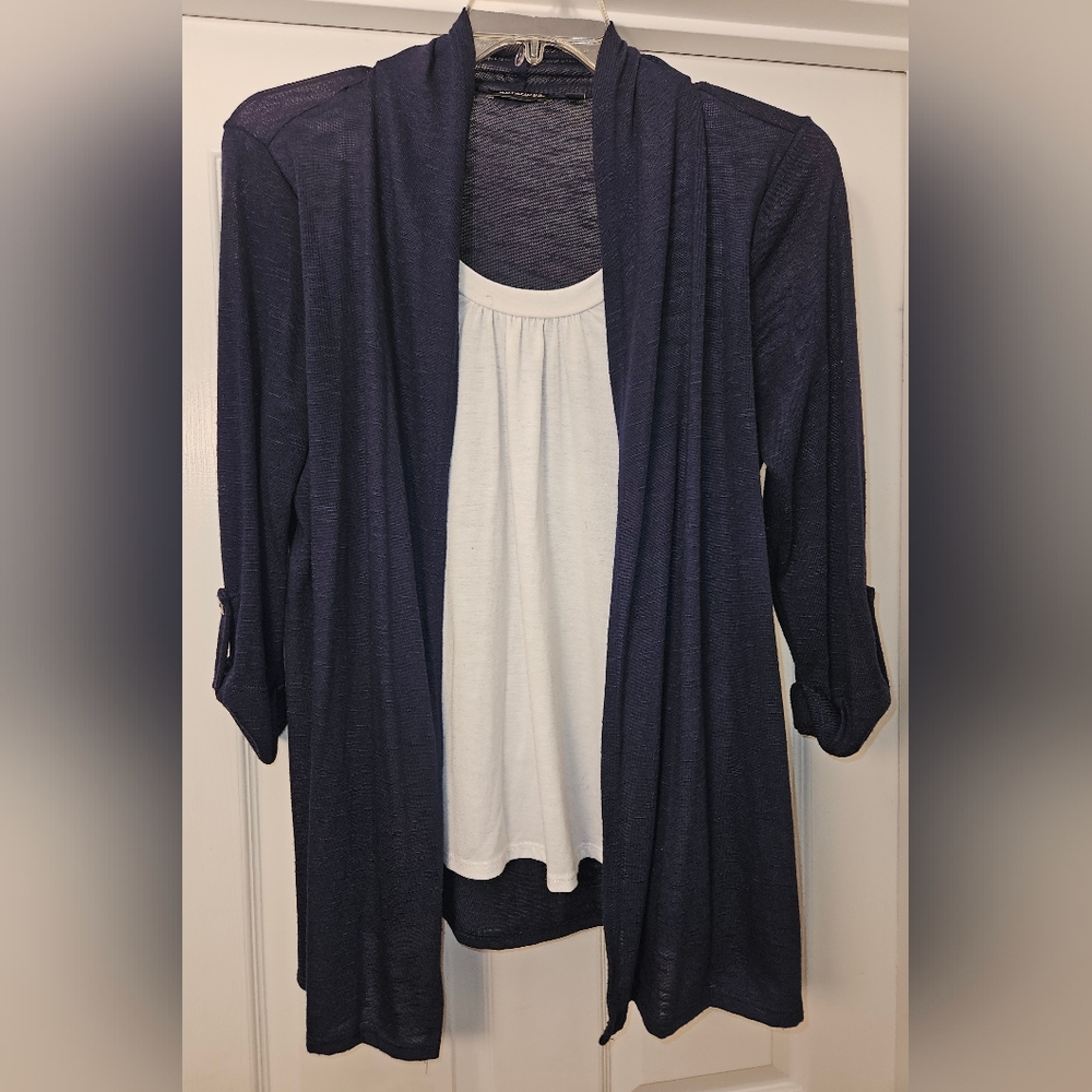 Notations Navy Blue Open Front Sweater with White Tank